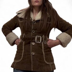1970s Mod Maid Brown Suede Jacket With Shearling Cuff and Collar